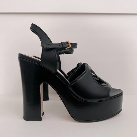 GUCCI Interlocking G Cutout Block Heel Platform Sandals Black Leather - Picture 7 of 16